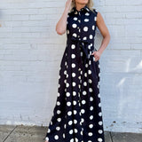 Polka Dot Button Down Belted Shirt Maxi Dress In Black - Infinity Raine