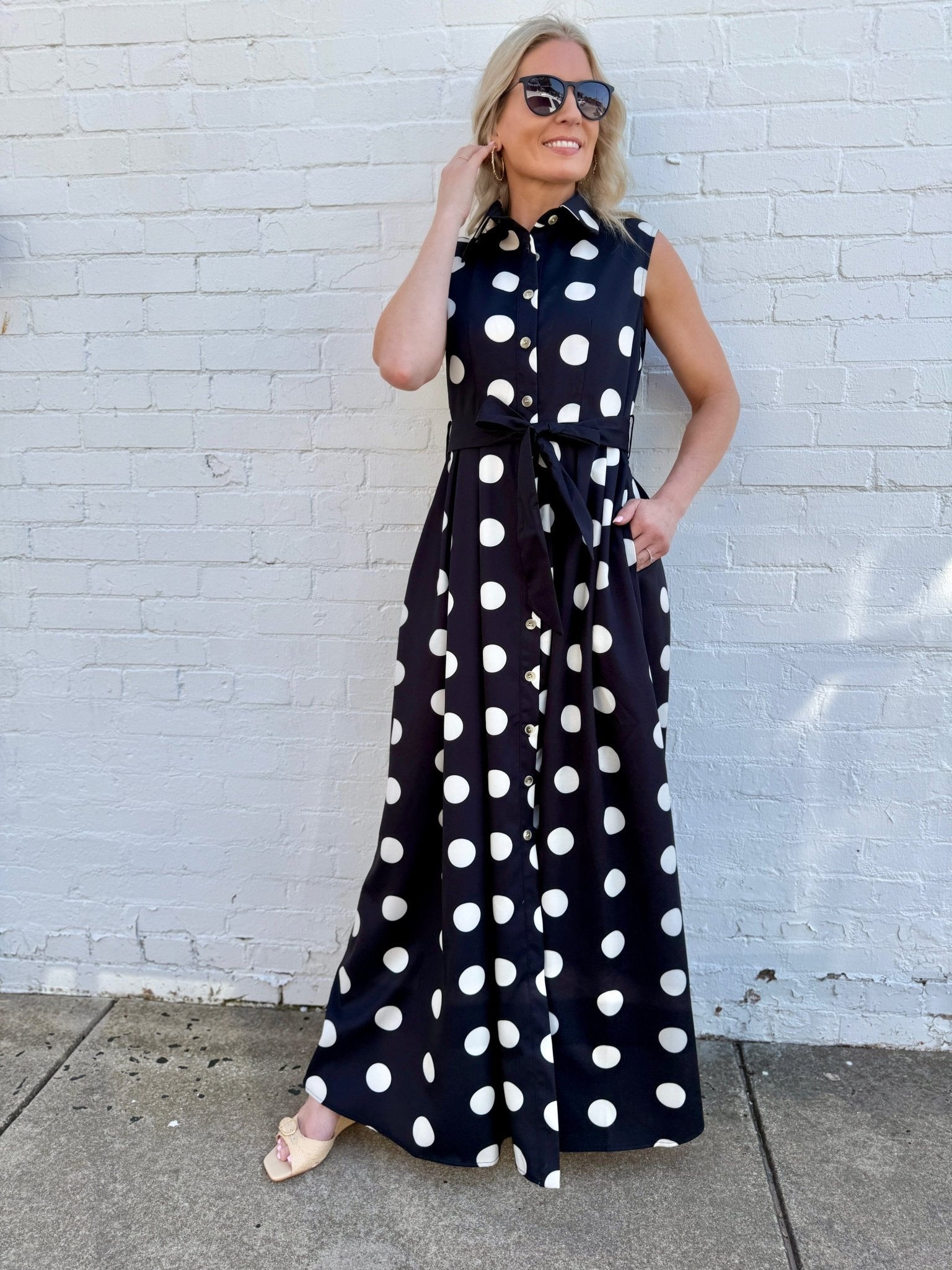 Polka Dot Button Down Belted Shirt Maxi Dress In Black - Infinity Raine