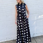 Polka Dot Button Down Belted Shirt Maxi Dress In Black - Infinity Raine