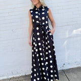Polka Dot Button Down Belted Shirt Maxi Dress In Black - Infinity Raine