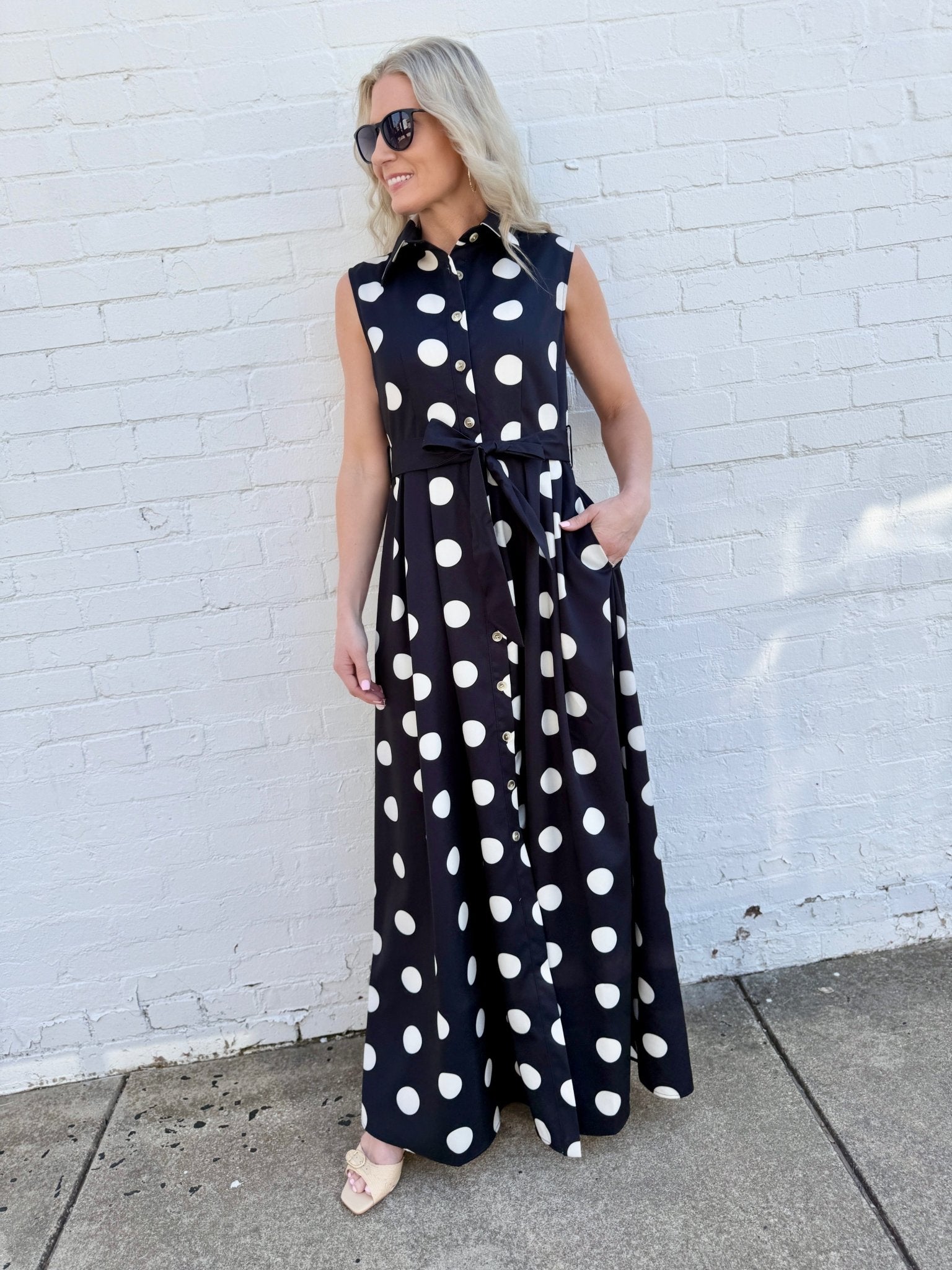 Polka Dot Button Down Belted Shirt Maxi Dress In Black - Infinity Raine