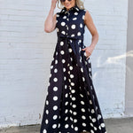 Polka Dot Button Down Belted Shirt Maxi Dress In Black - Infinity Raine