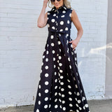 Polka Dot Button Down Belted Shirt Maxi Dress In Black - Infinity Raine