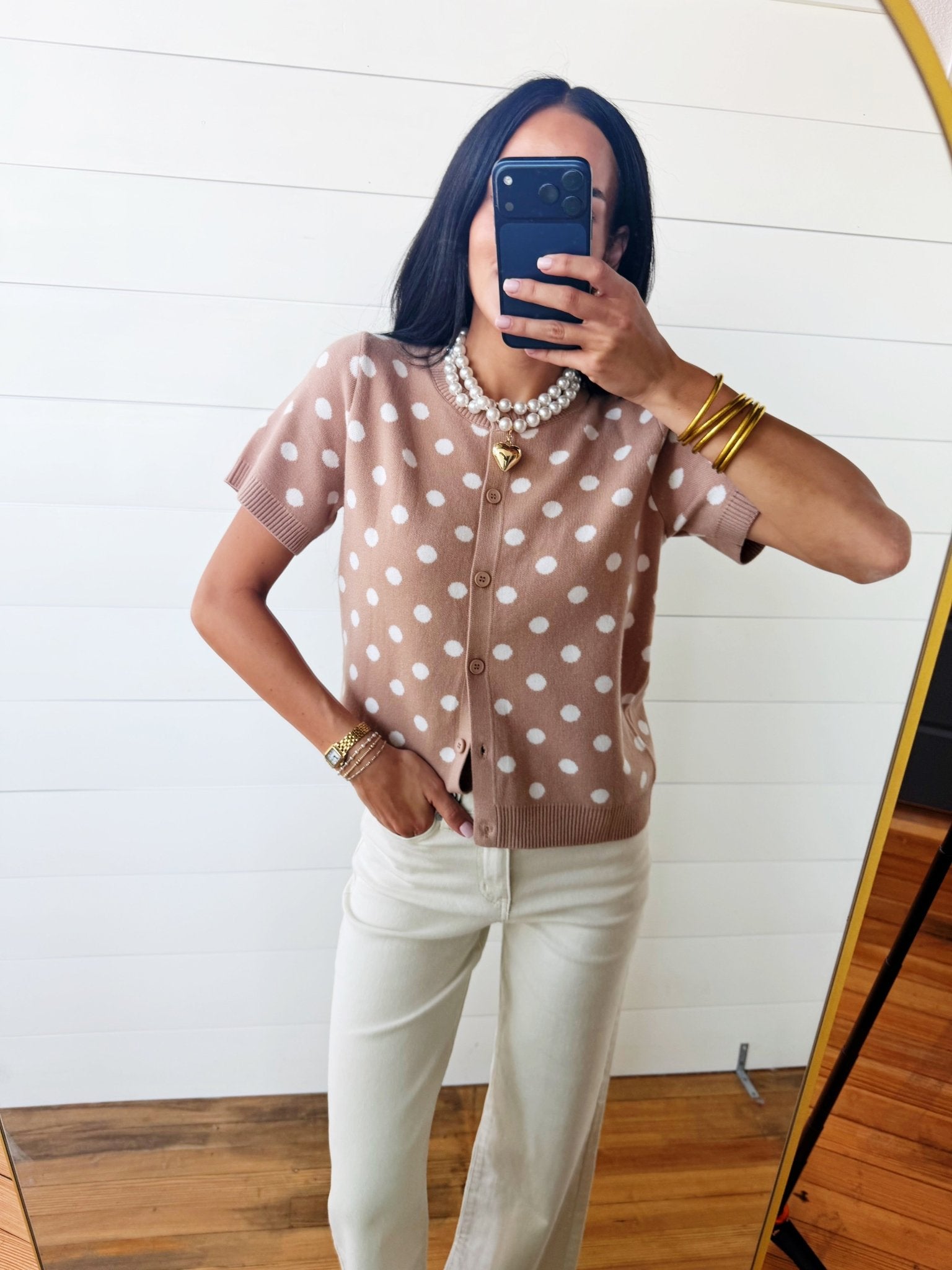 Polka Dot Button Down Casual Sweater Cardigan In Dark Khaki - Infinity Raine
