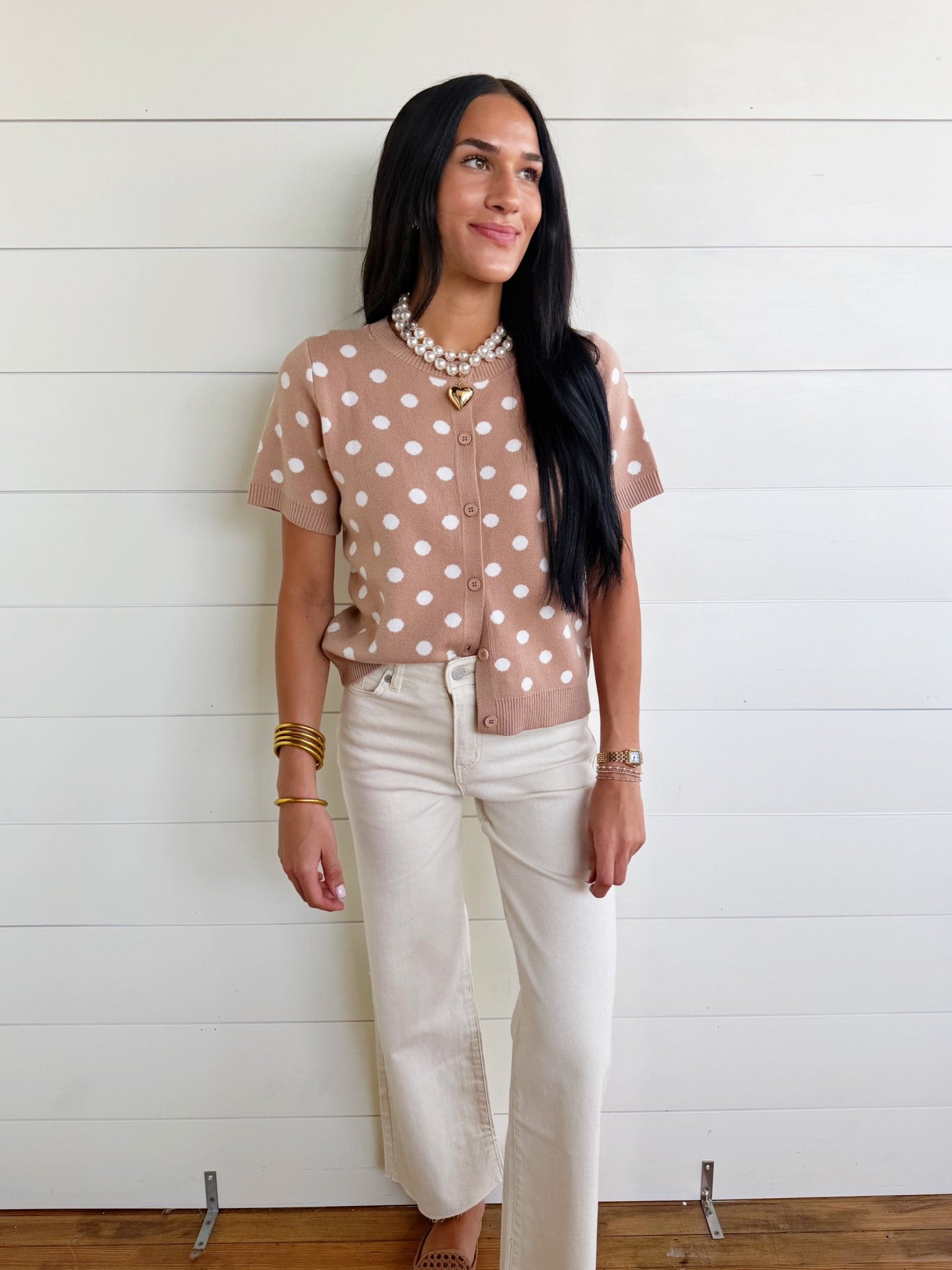 Polka Dot Button Down Casual Sweater Cardigan In Dark Khaki - Infinity Raine