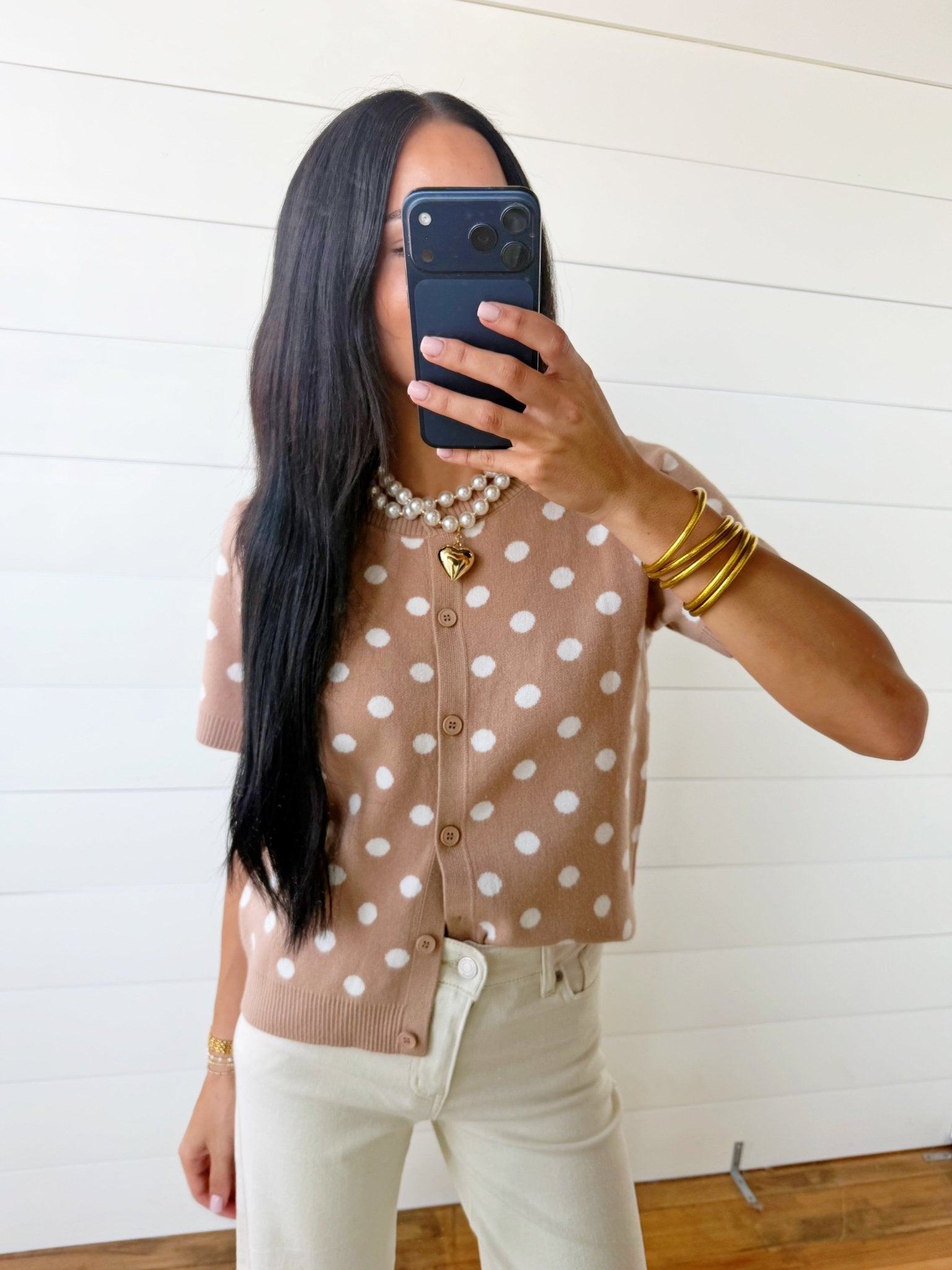 Polka Dot Button Down Casual Sweater Cardigan In Dark Khaki - Infinity Raine