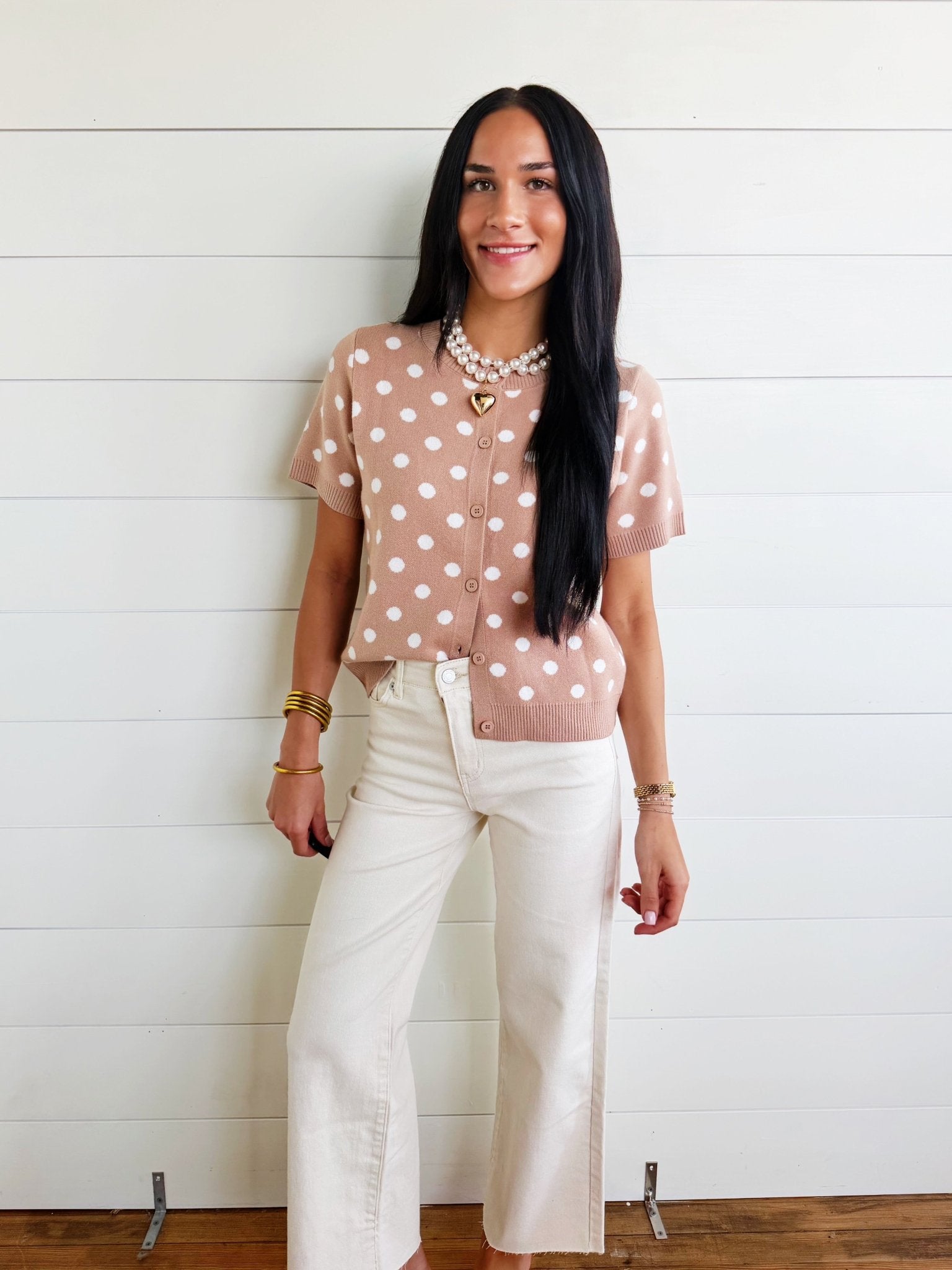 Polka Dot Button Down Casual Sweater Cardigan In Dark Khaki - Infinity Raine