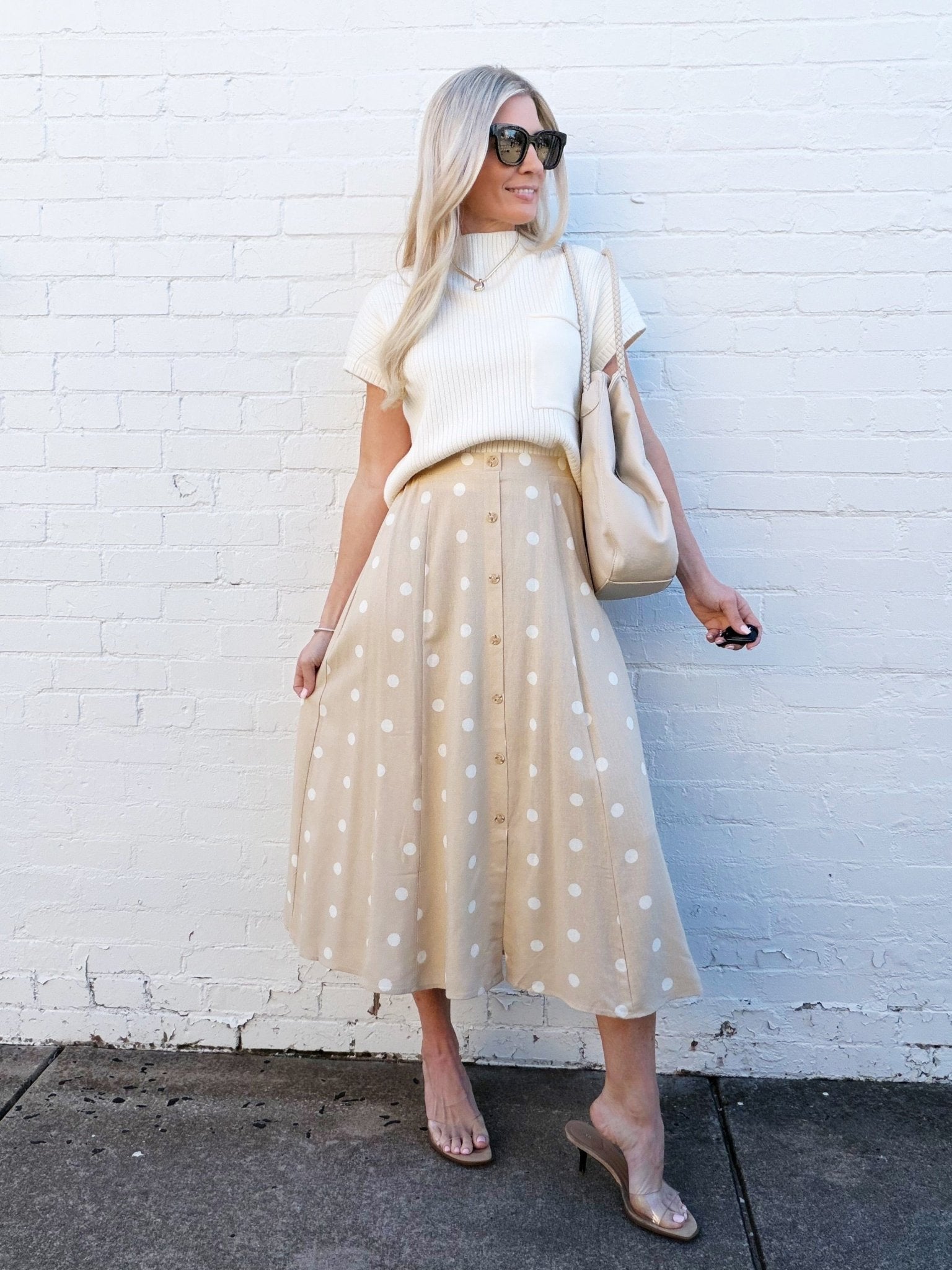 Polka Dot Button Down Midi Skirt In Khaki - Infinity Raine