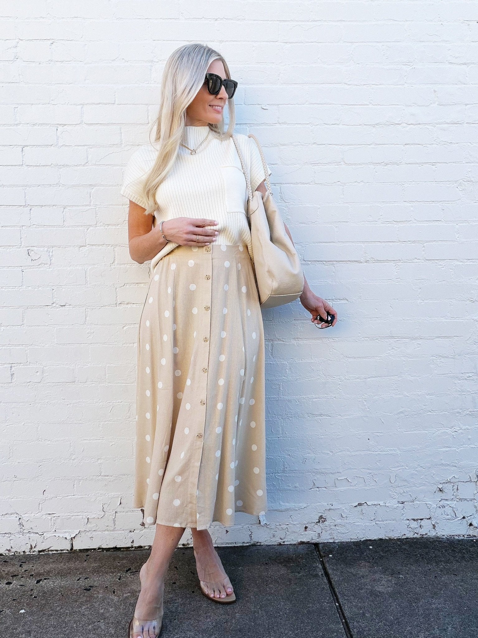 Polka Dot Button Down Midi Skirt In Khaki - Infinity Raine