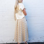 Polka Dot Button Down Midi Skirt In Khaki - Infinity Raine