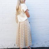 Polka Dot Button Down Midi Skirt In Khaki - Infinity Raine