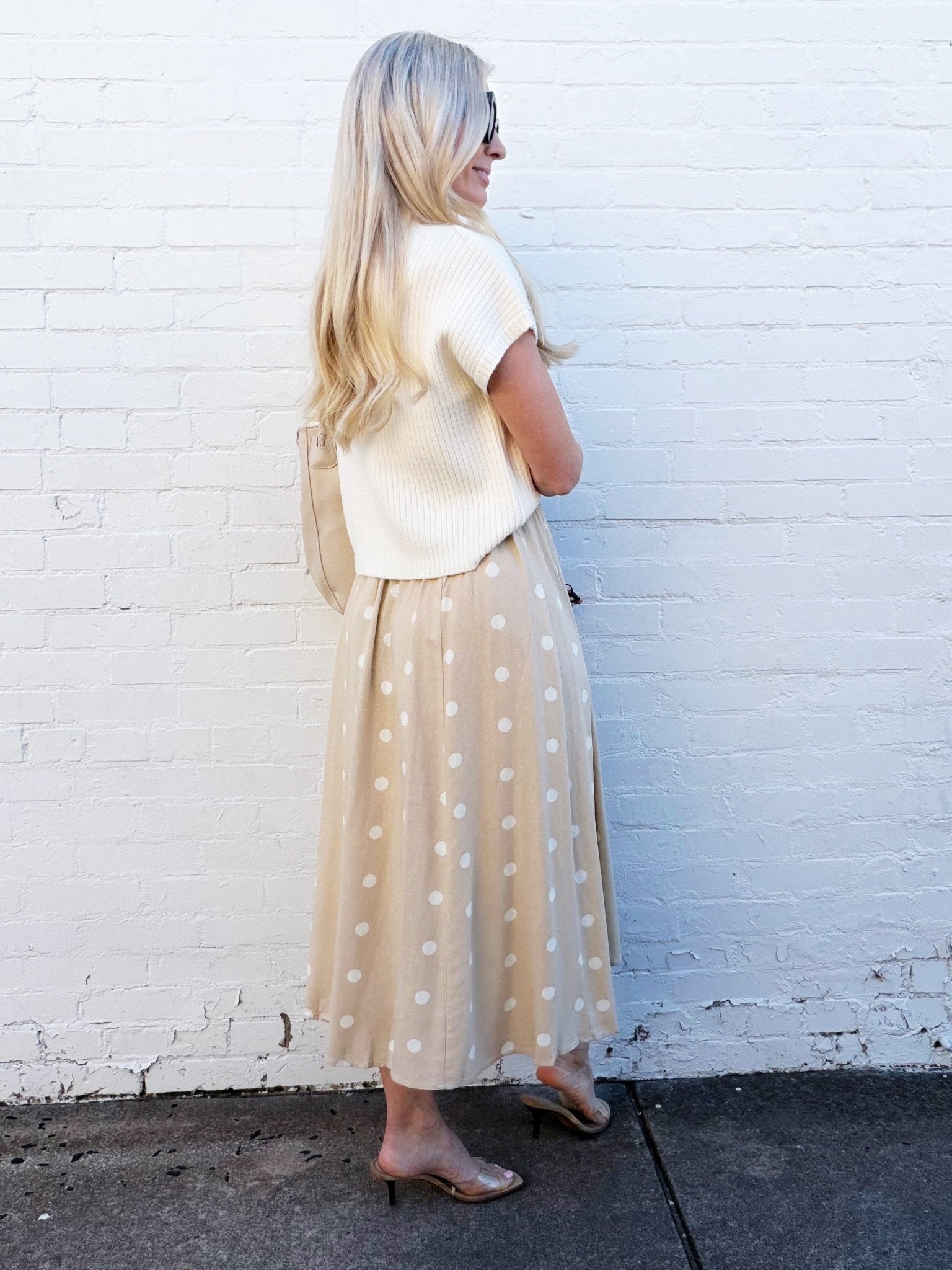 Polka Dot Button Down Midi Skirt In Khaki - Infinity Raine