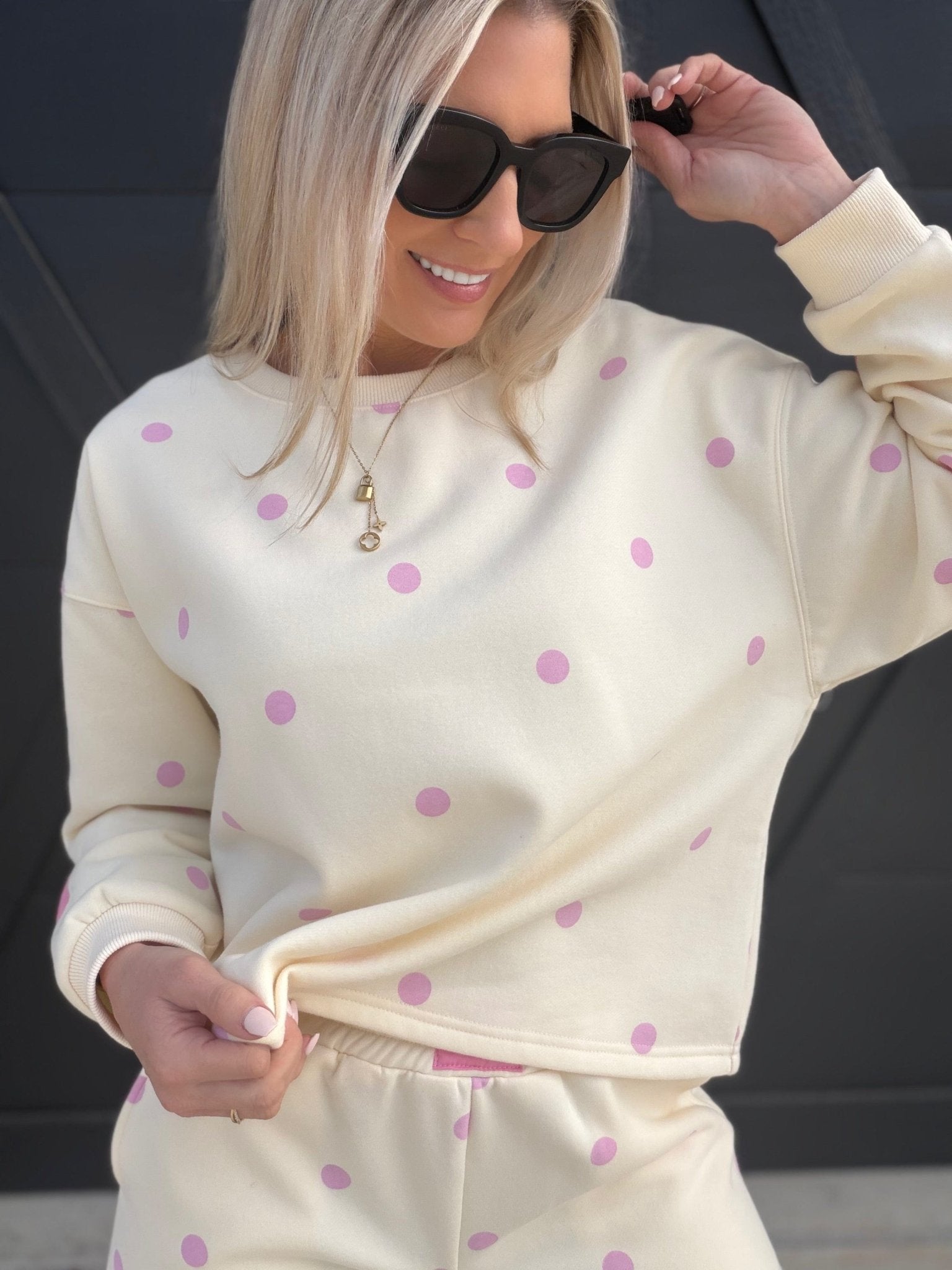 Polka Dot Printed Crewneck In Cream/Pink - Infinity Raine