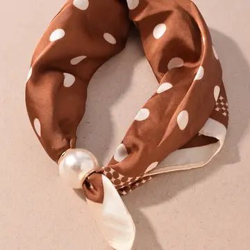 Polka Dot Scarf Necklace with Pearl Accent In Brown - Infinity Raine