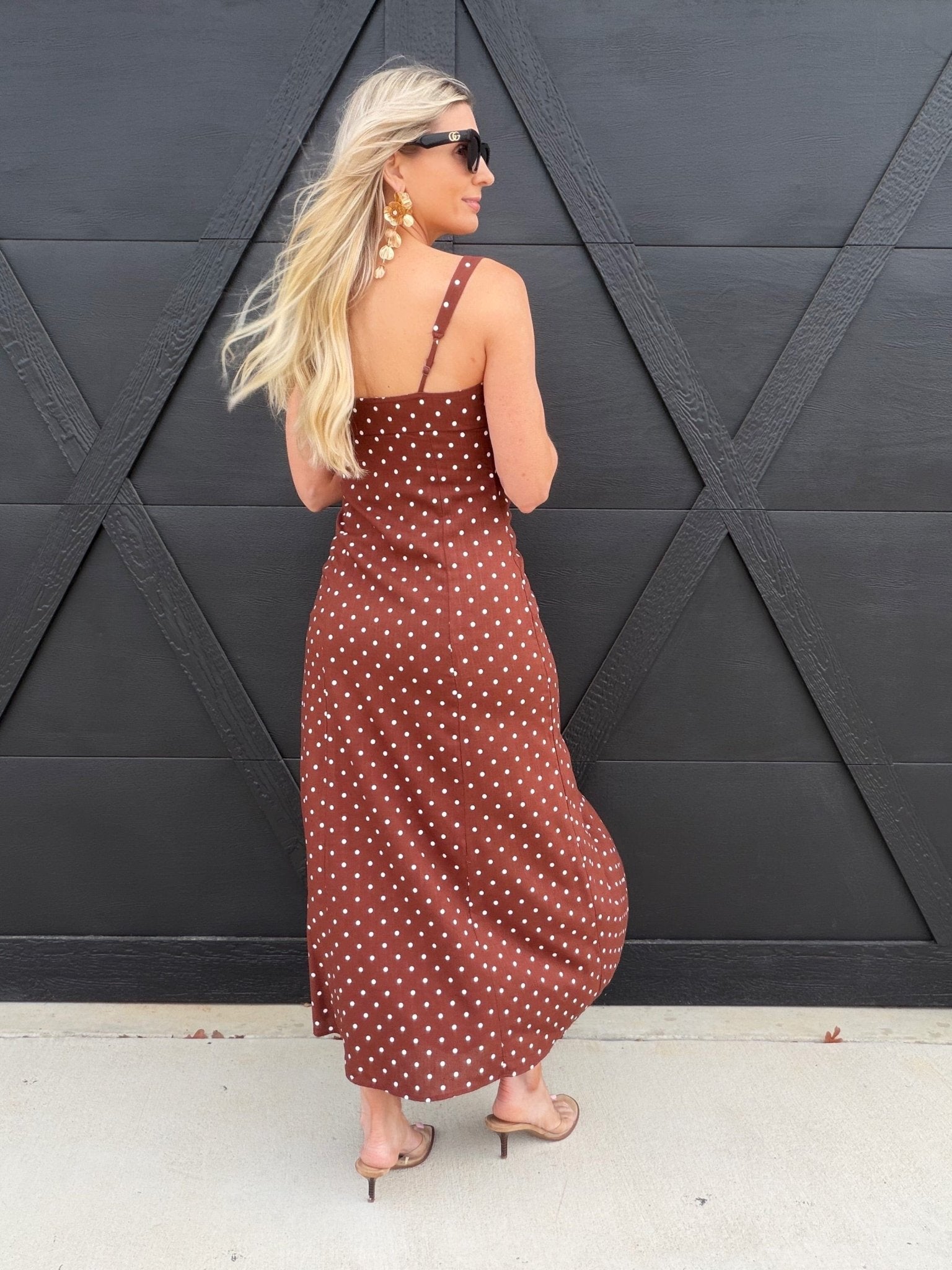 Polka Dot Scoop Neck Midi Dress In Brown Polka Dot Scoop Neck Midi Dress In Brown