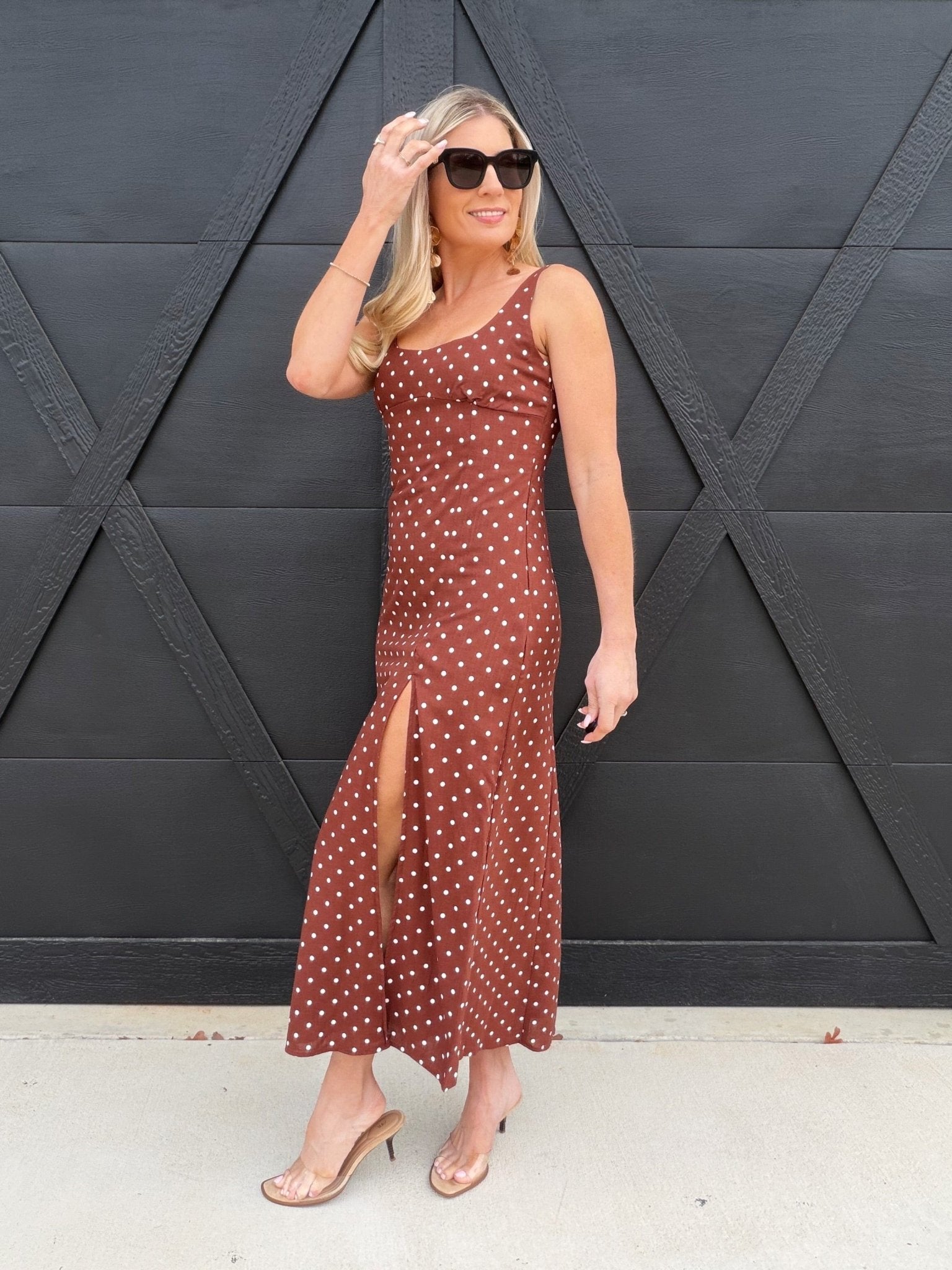Polka Dot Scoop Neck Midi Dress In Brown – Infinity Raine