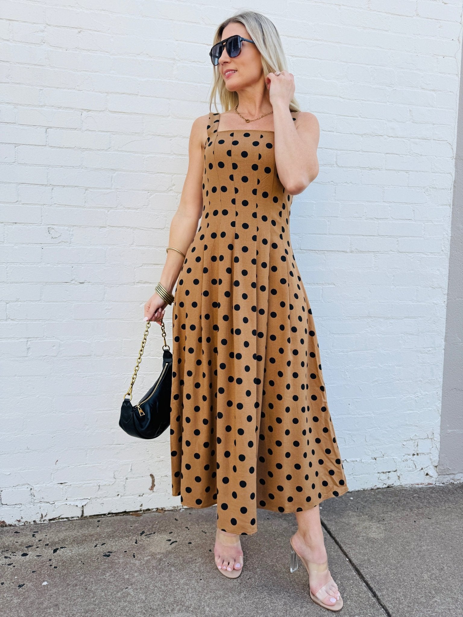 Polka Dot Seam Detail Maxi Dress In Mocha - Infinity Raine