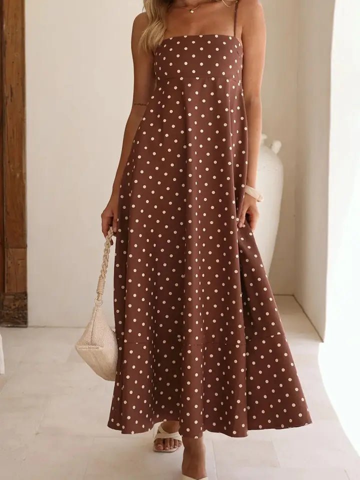 Polka Dot Strappy Maxi Dress In Coffee - Infinity Raine