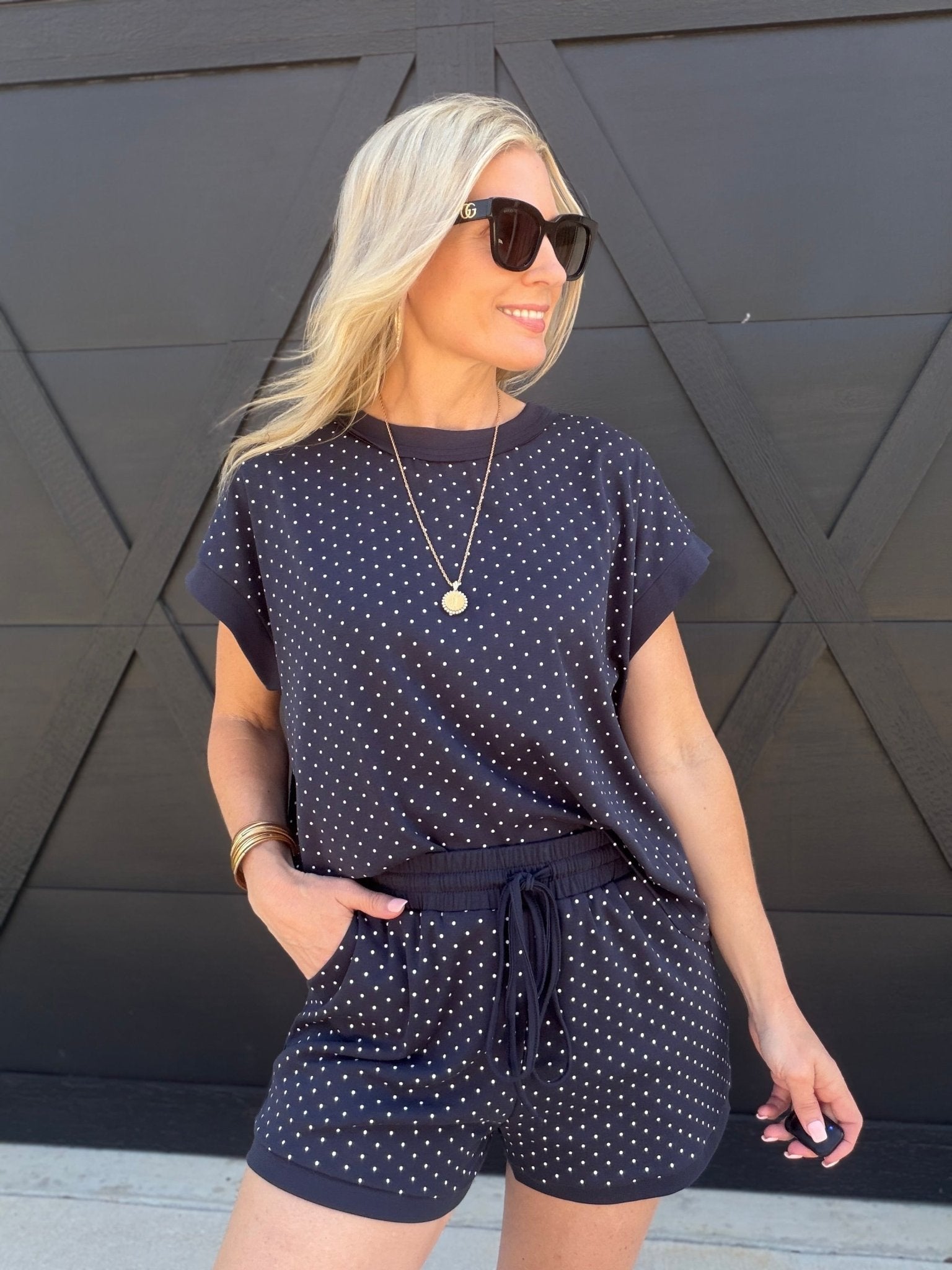 Polka Dot Stretch Knit Top & Shorts Set in Navy - Infinity Raine