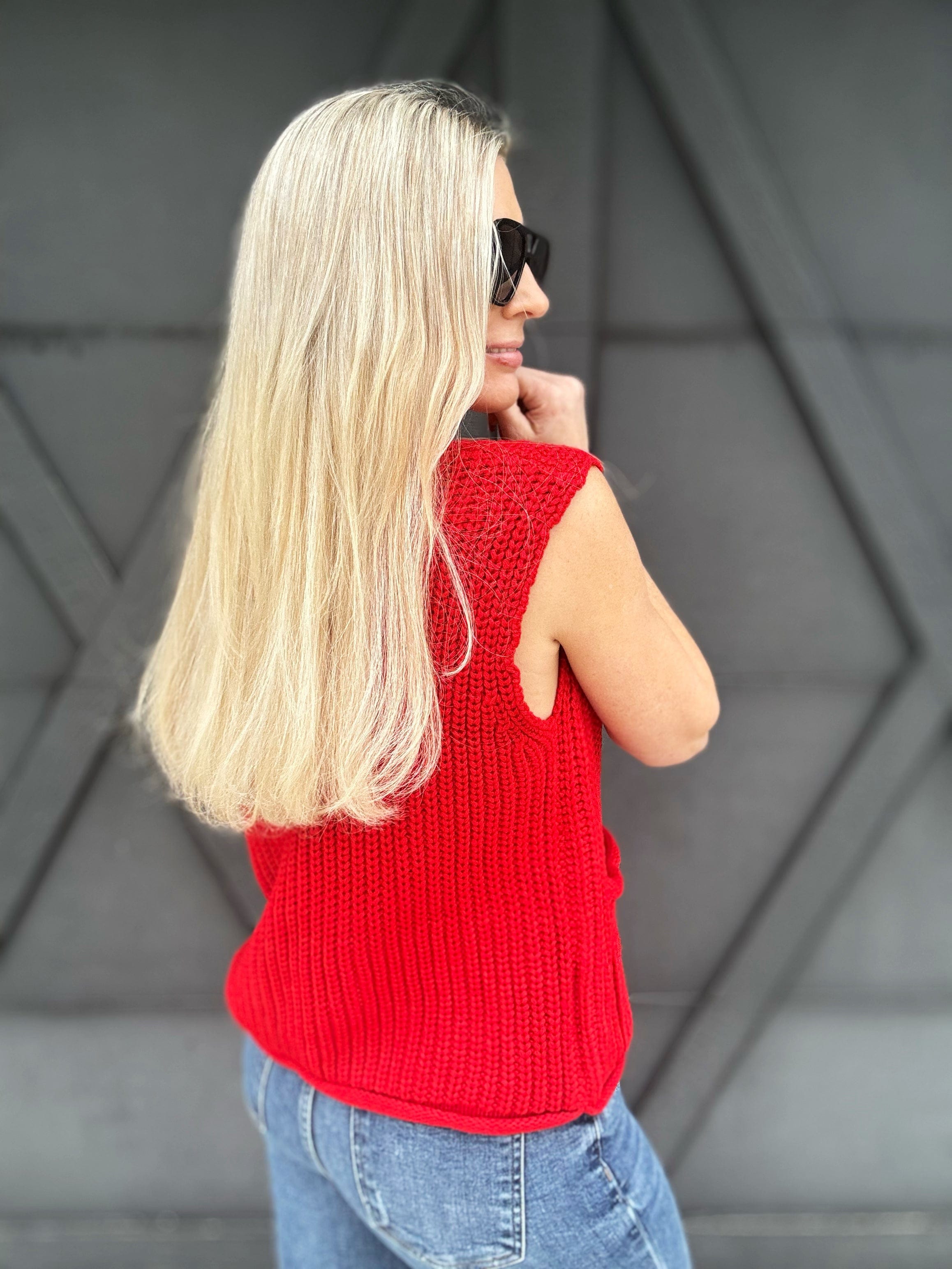 Chunky Knit Button Vest In Red - Infinity Raine