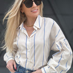 Striped Bubble Sleeve Button Up In Cream - Infinity Raine