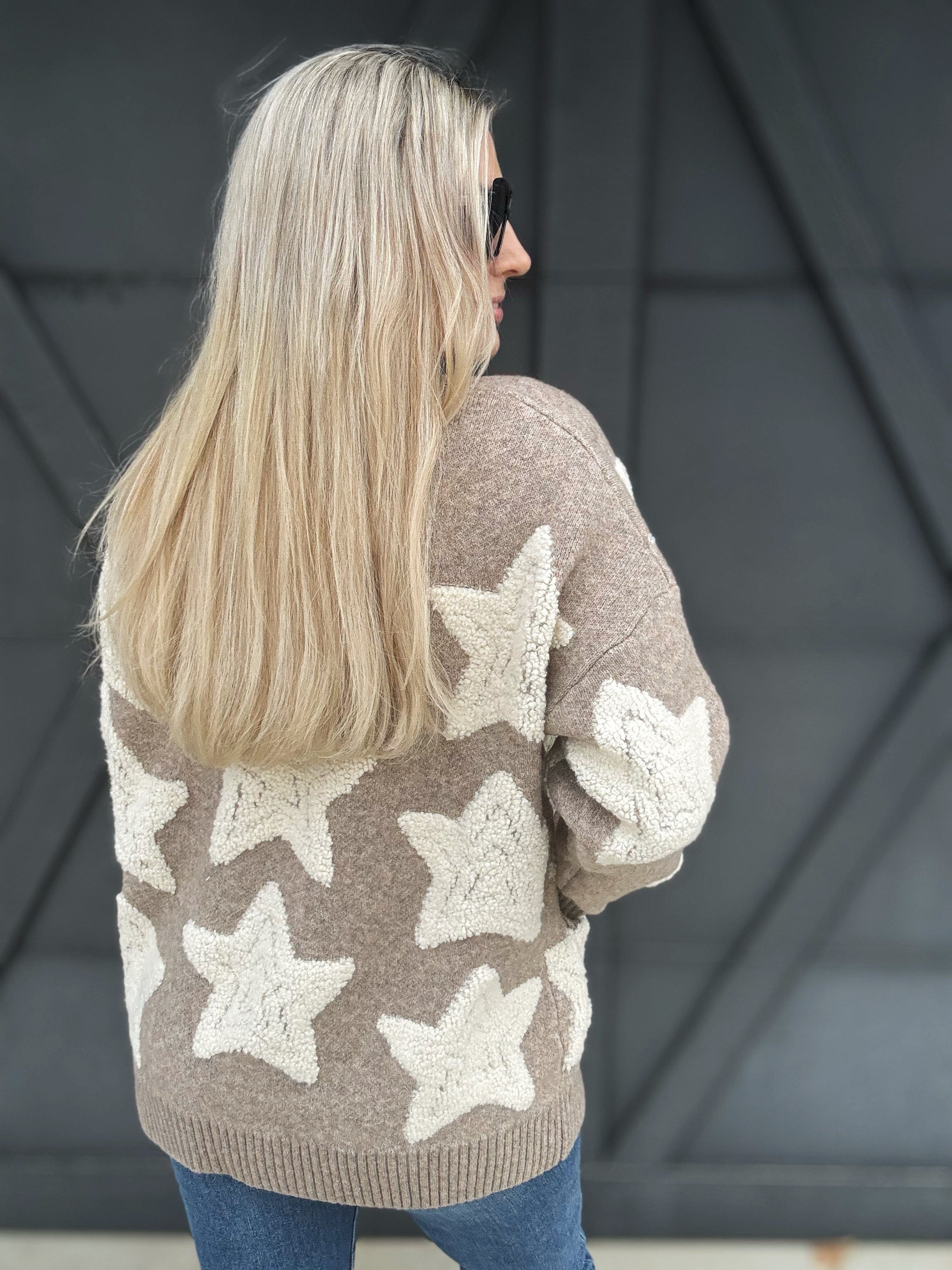 Oversized Star Sherpa Cardigan In Khaki - Infinity Raine