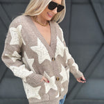 Oversized Star Sherpa Cardigan In Khaki - Infinity Raine