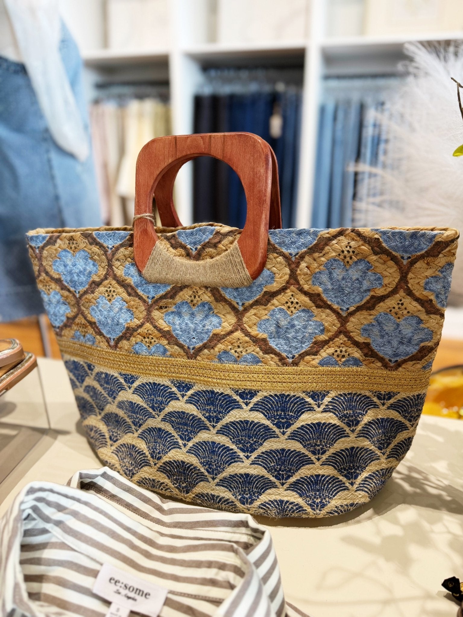 Printed Jute Tote-Blue - Infinity Raine