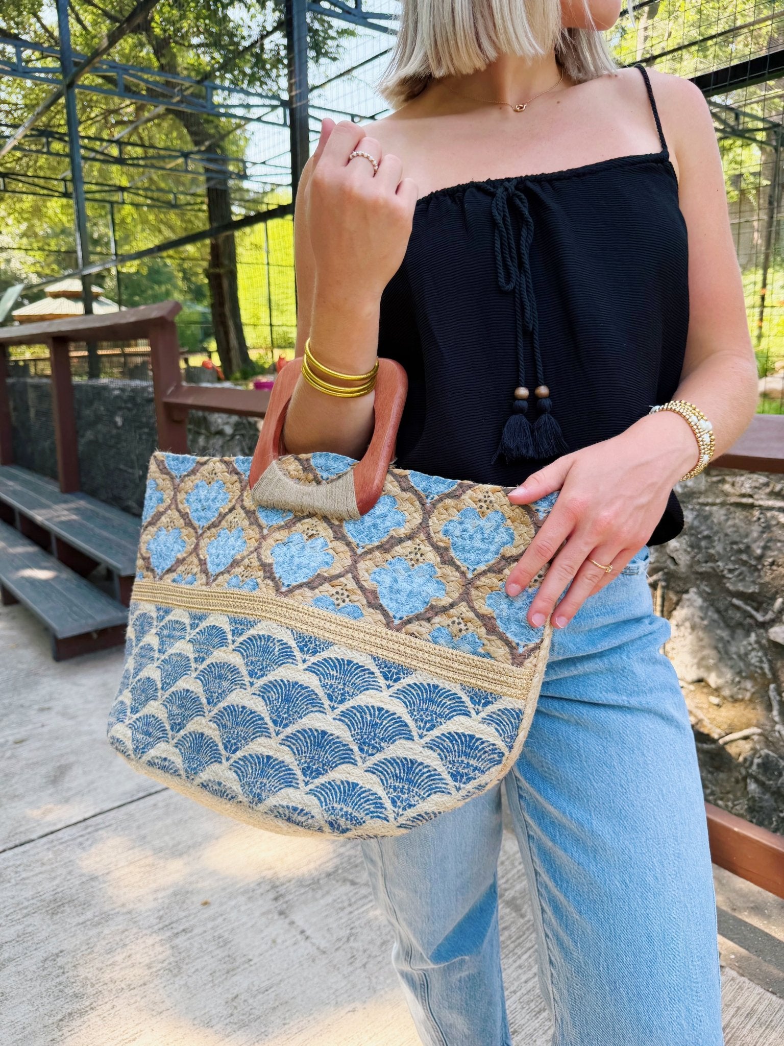 Printed Jute Tote - Blue - Infinity Raine