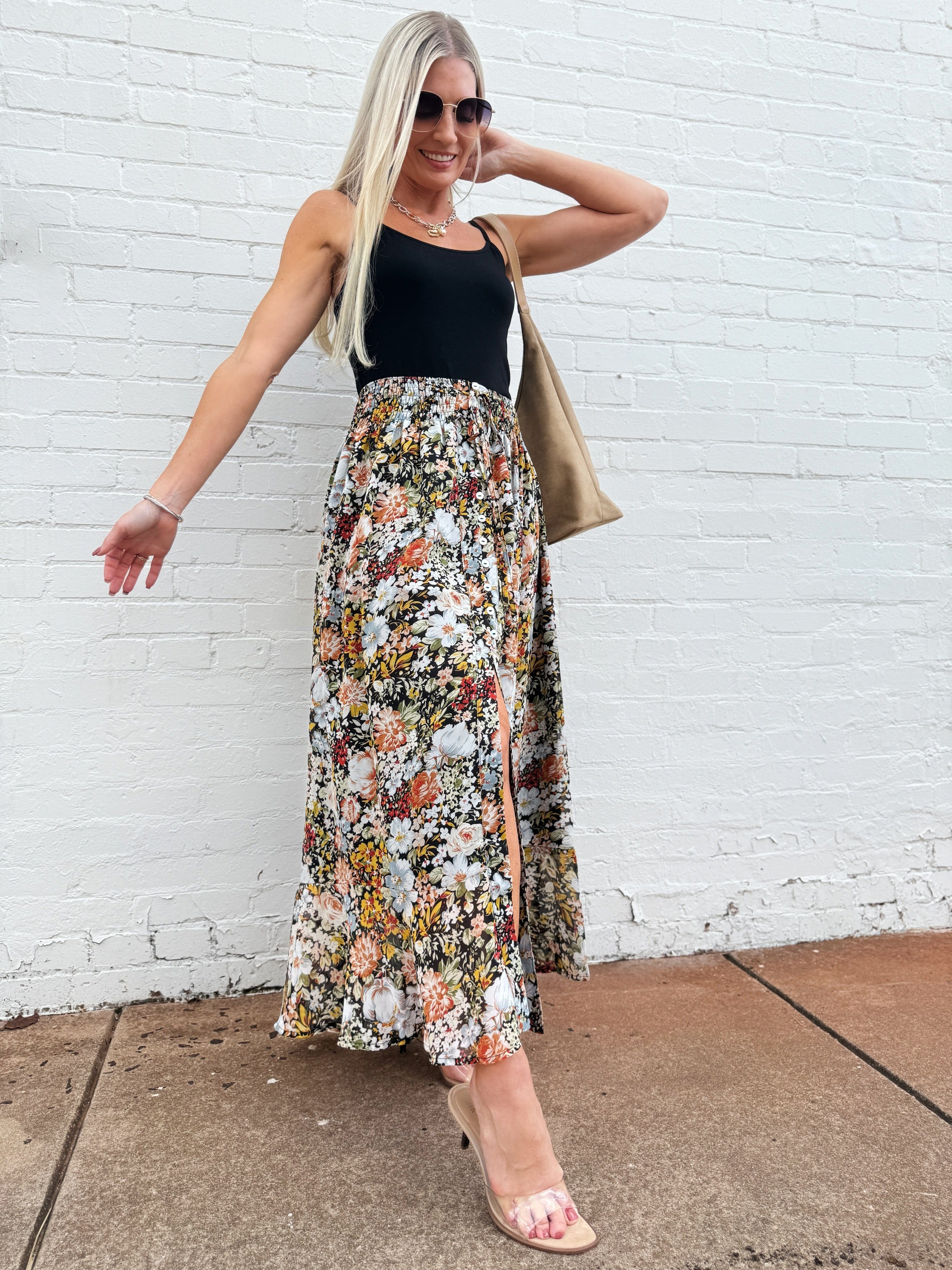 Promesa Bottoms - Skirts Smocked Floral Maxi  Skirt In Black