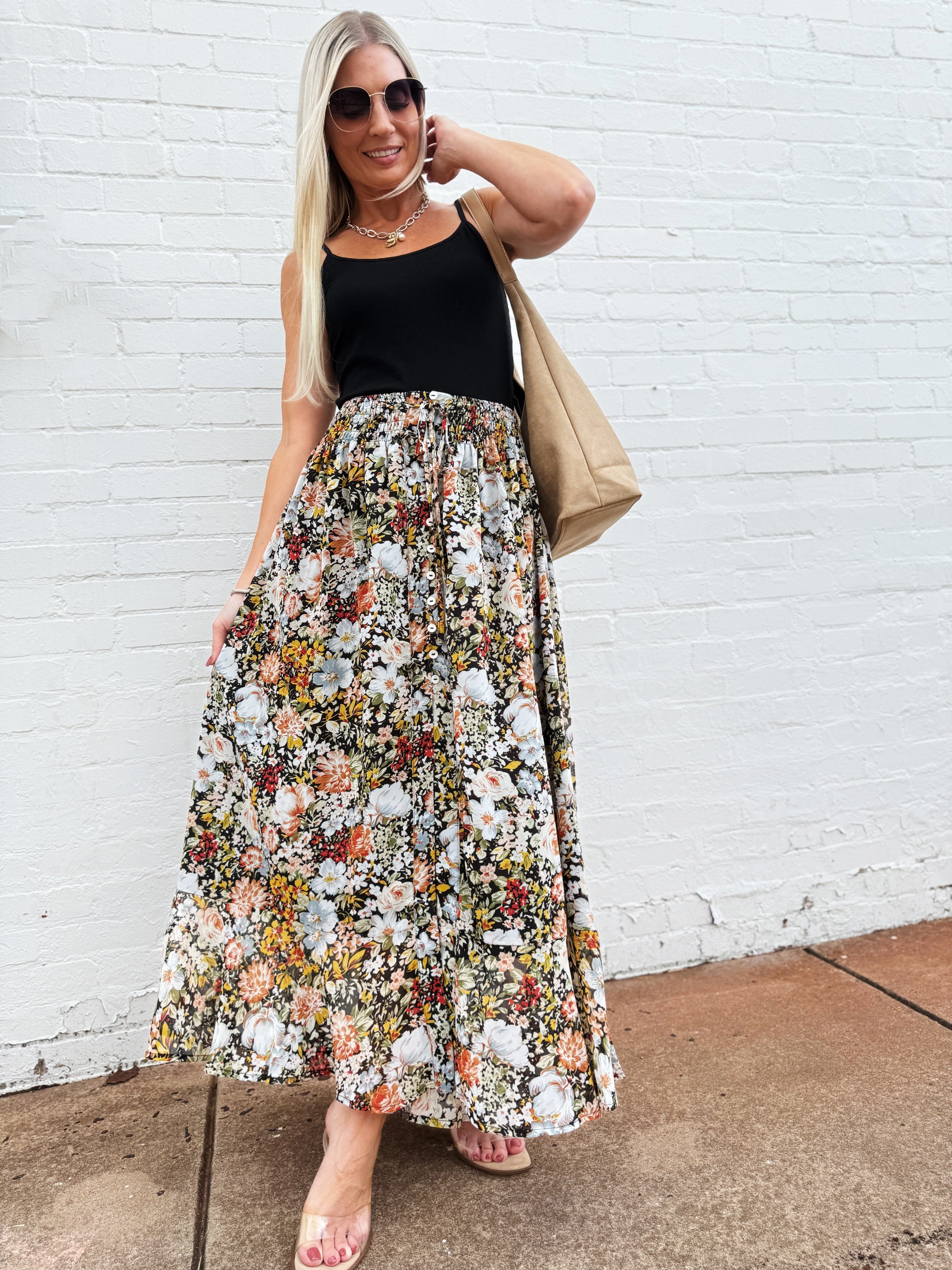Promesa Bottoms - Skirts Smocked Floral Maxi  Skirt In Black
