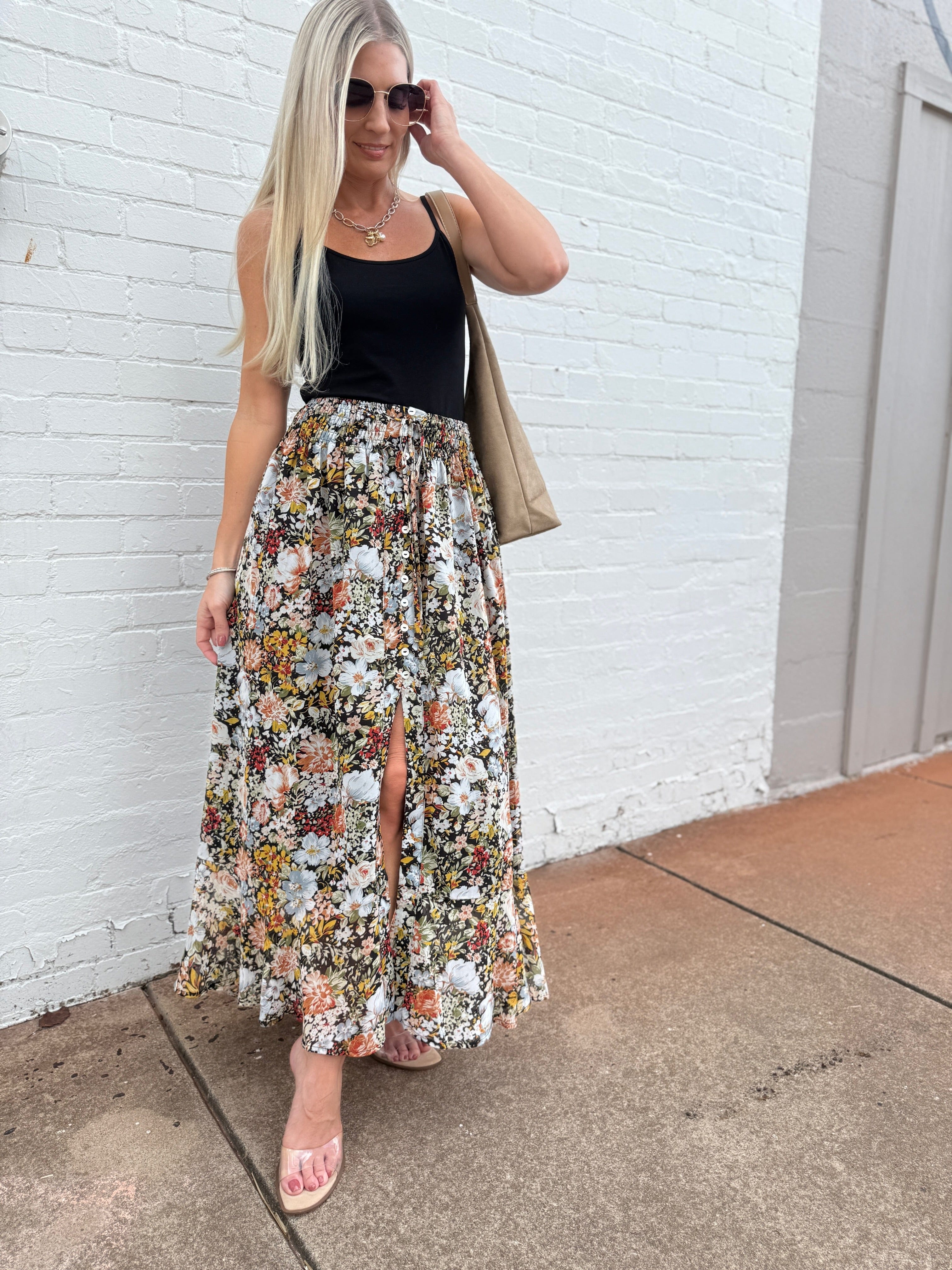 Promesa Bottoms - Skirts Smocked Floral Maxi  Skirt In Black