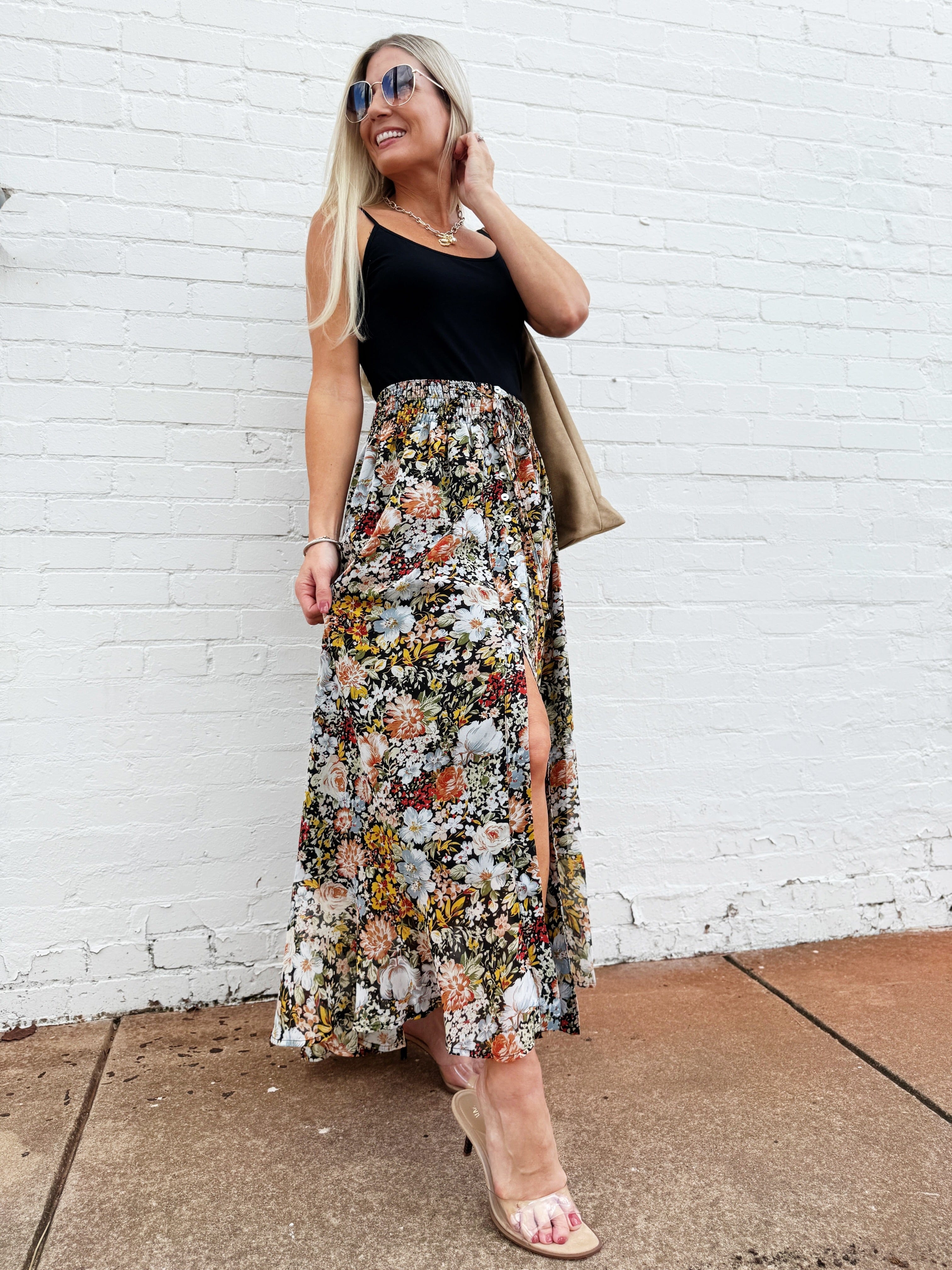 Promesa Bottoms - Skirts Smocked Floral Maxi  Skirt In Black