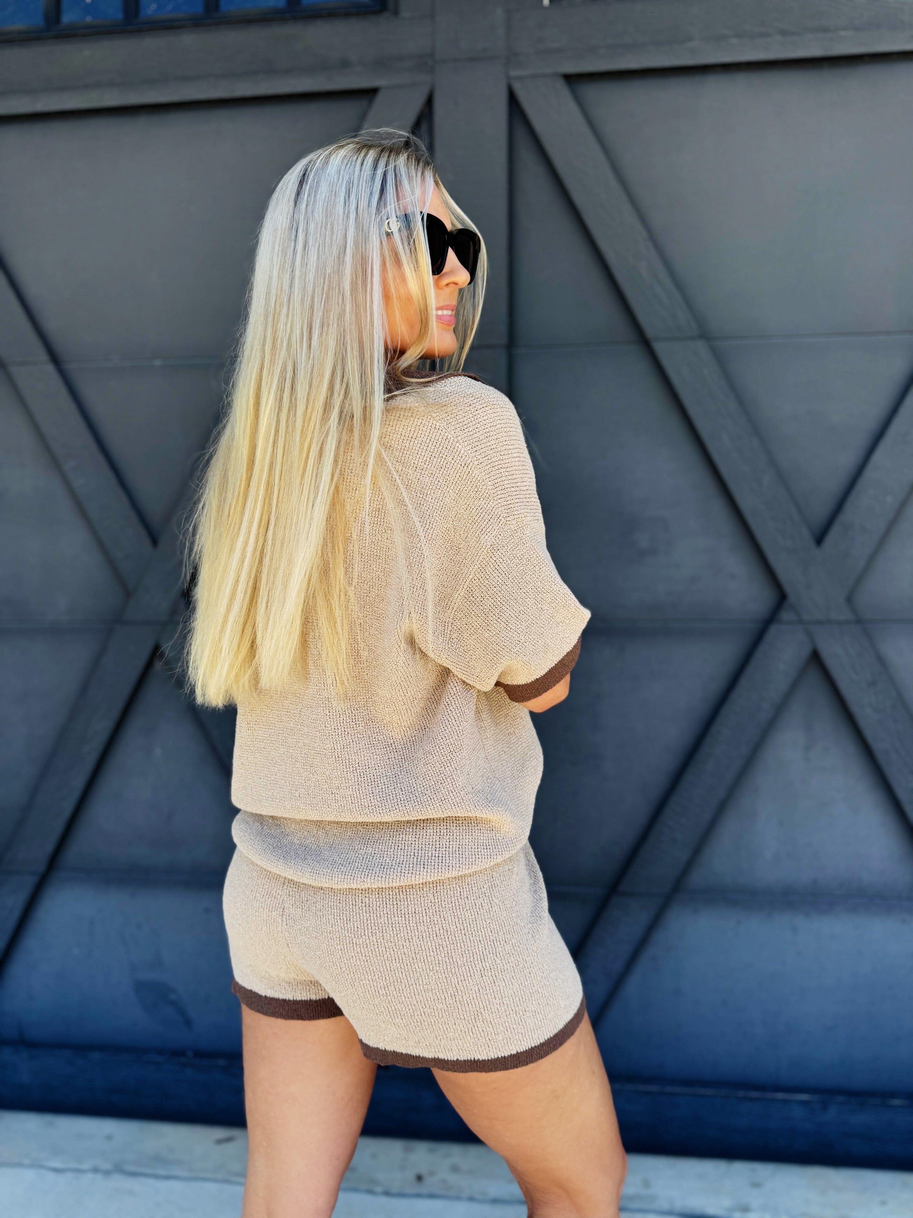Solid Knit Contrast Short Set In Oatmeal - Infinity Raine