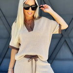 Solid Knit Contrast Short Set In Oatmeal - Infinity Raine