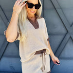 Solid Knit Contrast Short Set In Oatmeal - Infinity Raine