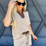Solid Knit Contrast Short Set In Oatmeal - Infinity Raine