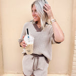 Solid Knit Contrast Short Set In Oatmeal - Infinity Raine