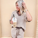 Solid Knit Contrast Short Set In Oatmeal - Infinity Raine
