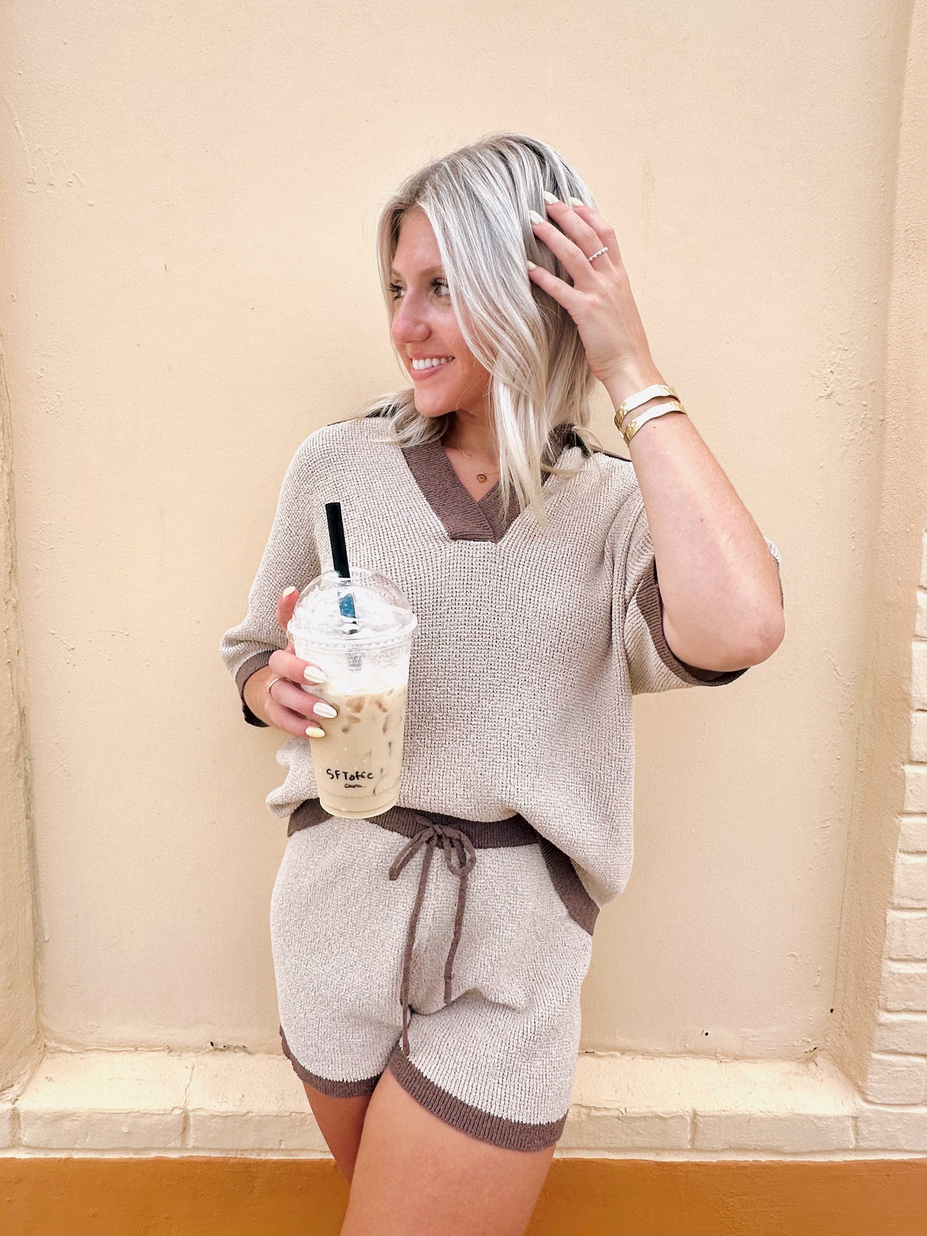Solid Knit Contrast Short Set In Oatmeal - Infinity Raine