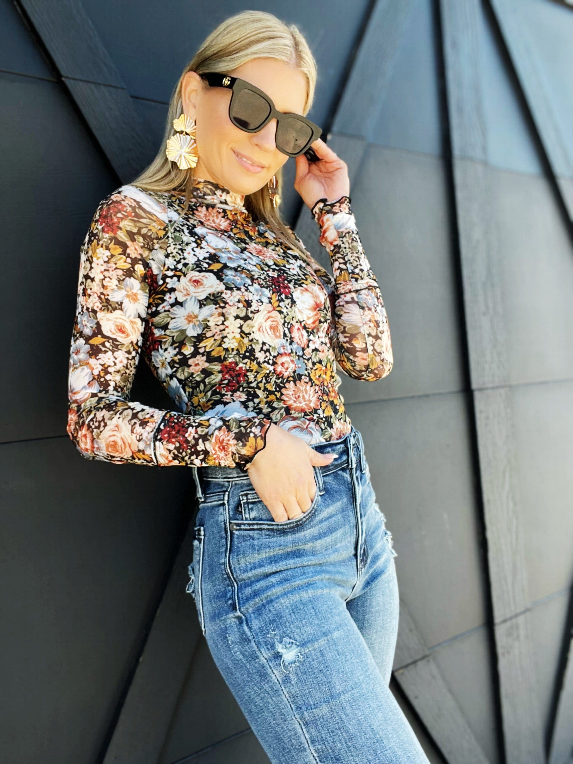 Floral Lined Mesh Long Sleeve Top-Black - Infinity Raine