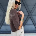 Short Sleeve Pointelle Ribbed Knit Sweater In Espresso - Infinity Raine