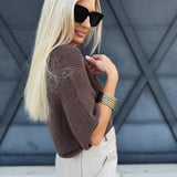 Short Sleeve Pointelle Ribbed Knit Sweater In Espresso - Infinity Raine