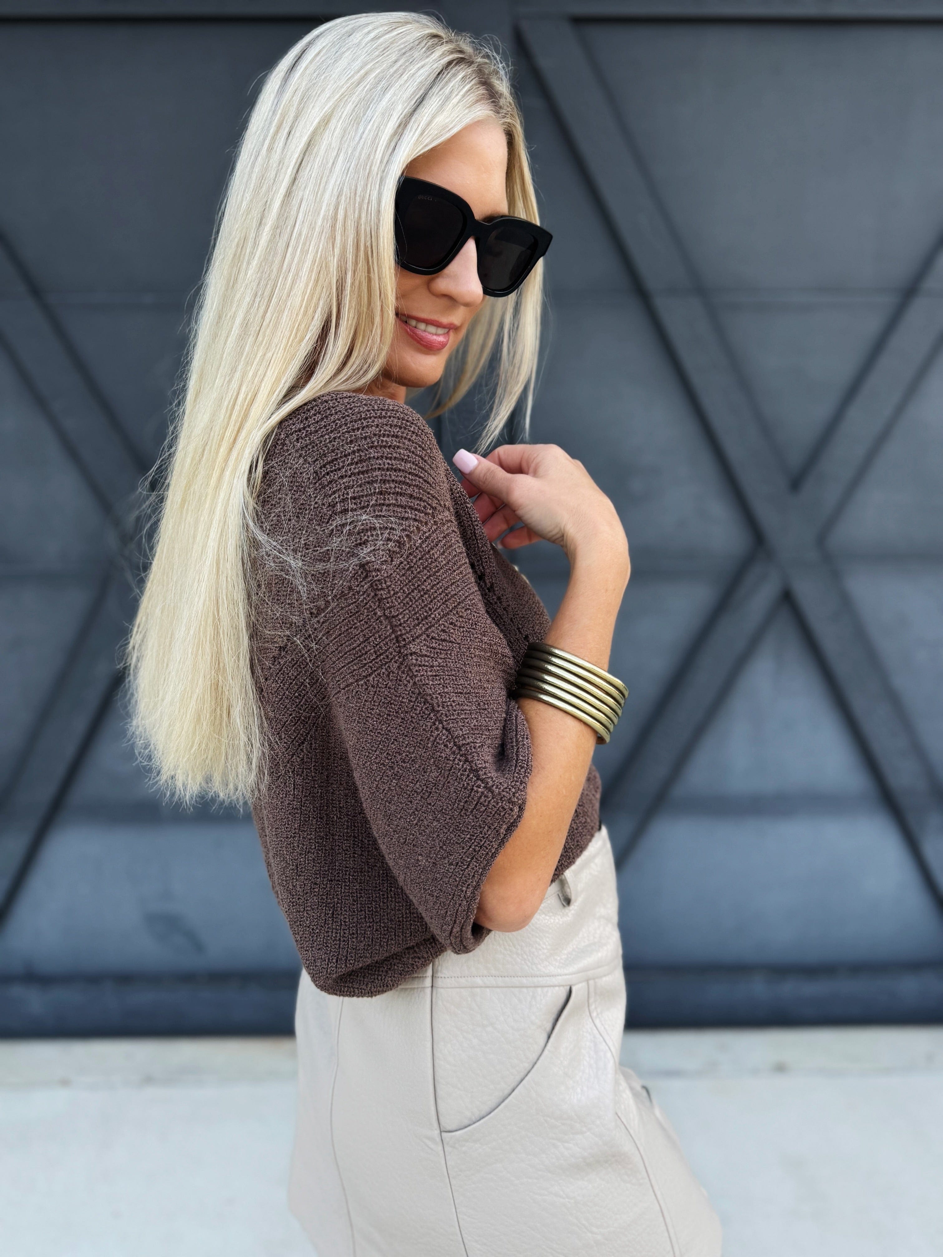 Short Sleeve Pointelle Ribbed Knit Sweater In Espresso - Infinity Raine
