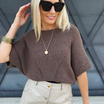 Short Sleeve Pointelle Ribbed Knit Sweater In Espresso - Infinity Raine