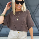 Short Sleeve Pointelle Ribbed Knit Sweater In Espresso - Infinity Raine