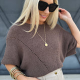 Short Sleeve Pointelle Ribbed Knit Sweater In Espresso - Infinity Raine