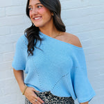 Promesa Tops - Blouses Short Sleeve Pointelle Ribbed Knit Sweater In Light Blue
