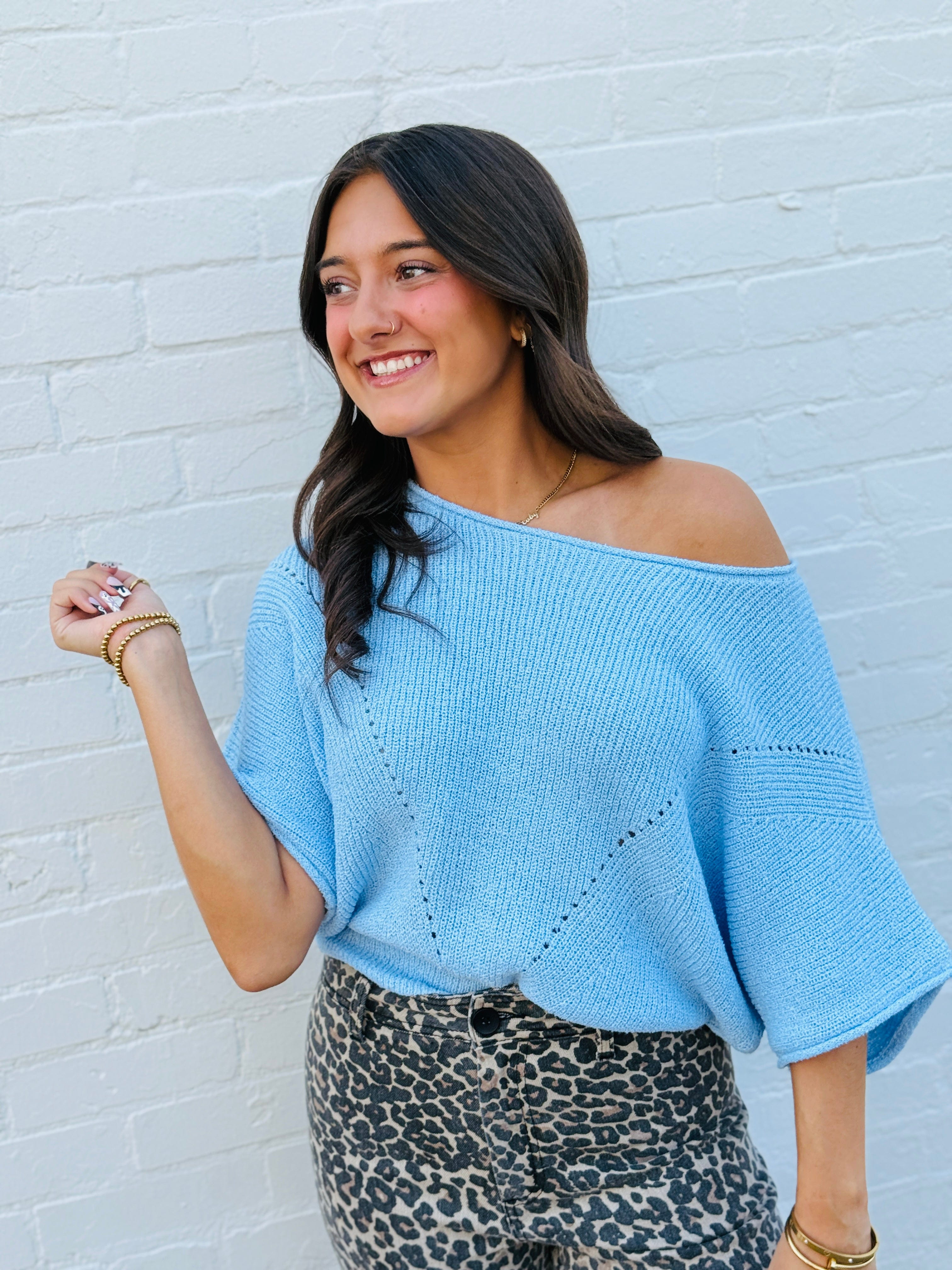 Promesa Tops - Blouses Short Sleeve Pointelle Ribbed Knit Sweater In Light Blue