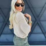 Short Sleeve Pointelle Ribbed Knit Sweater In Oatmeal - Infinity Raine